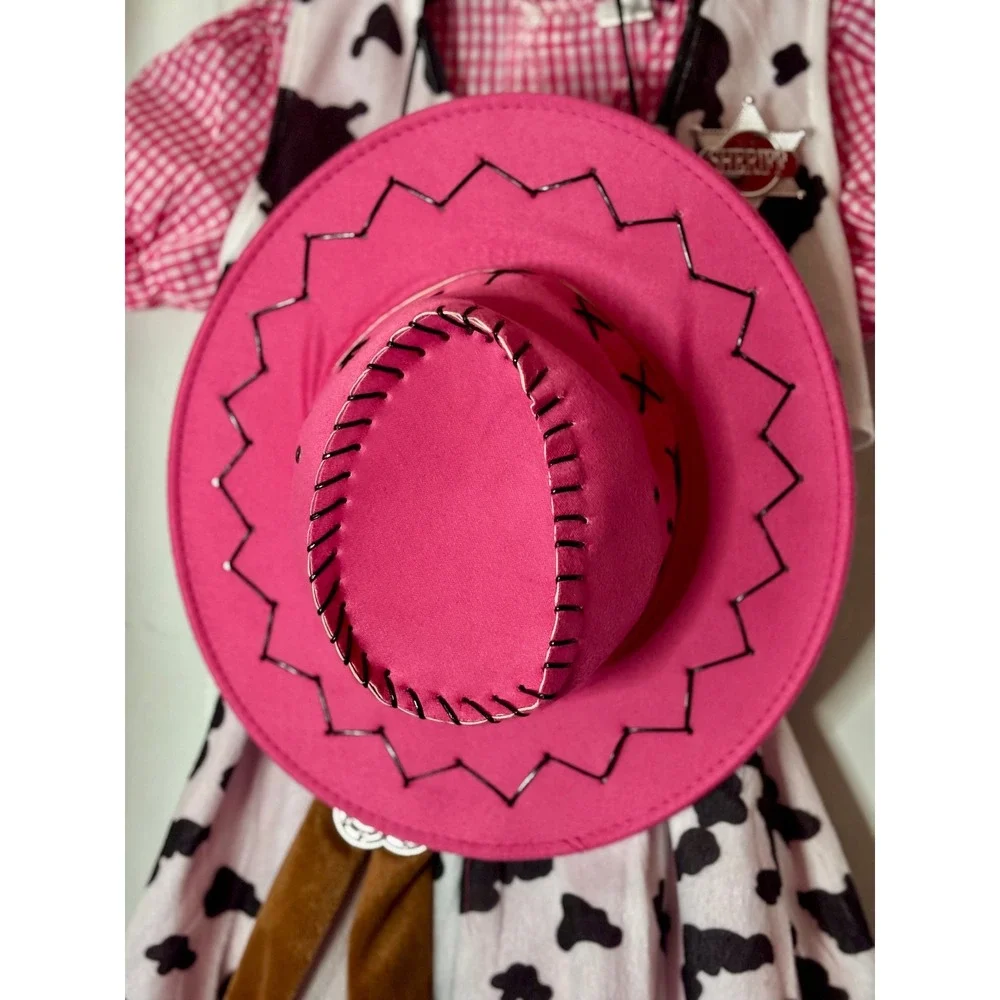 Girls Pink Cowgirl Western Sheriff Costume Gingham Cute Dress Cow Vest Hat Large